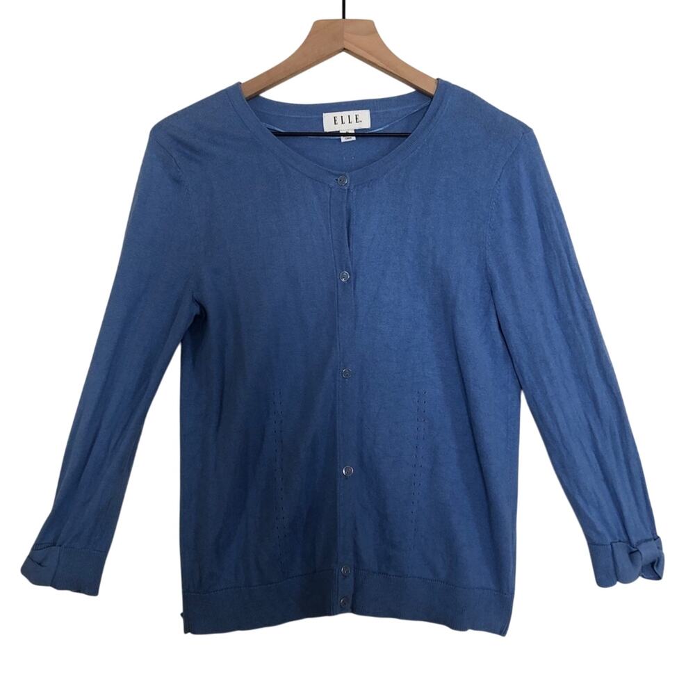 Elle Fall Soft Knit Blue Button Front Long Sleeves Cardigan Sweater Medium